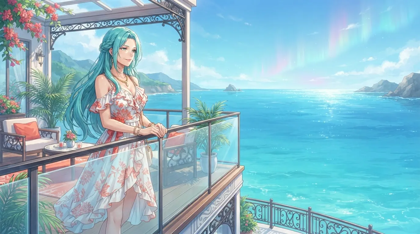 青绿色长发女子穿着花卉夏裙倚在玻璃露台边，碧蓝海面映着天空中的极光。